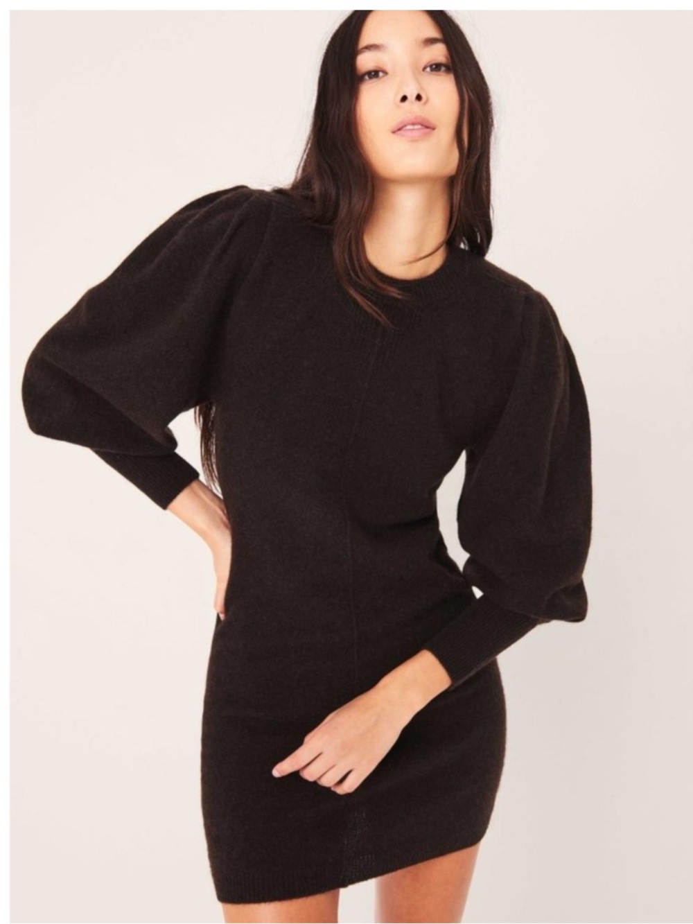 ba&sh Brown Nancy Marron Puffed Sleeve Sweater Mini Dress M